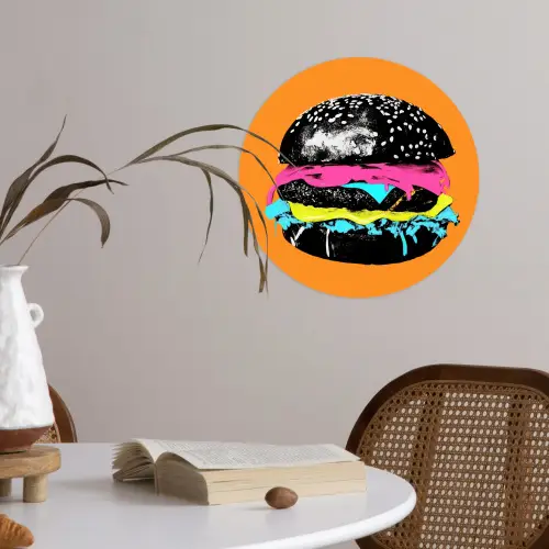 Hamburger - Oranje - Neon - popart Wandcirkel behangsticker klein -sfeer3