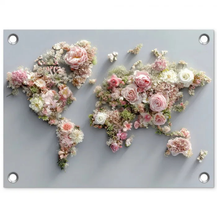 Wereldkaart - Rozen - Roze tuinposter los doek klein -3d