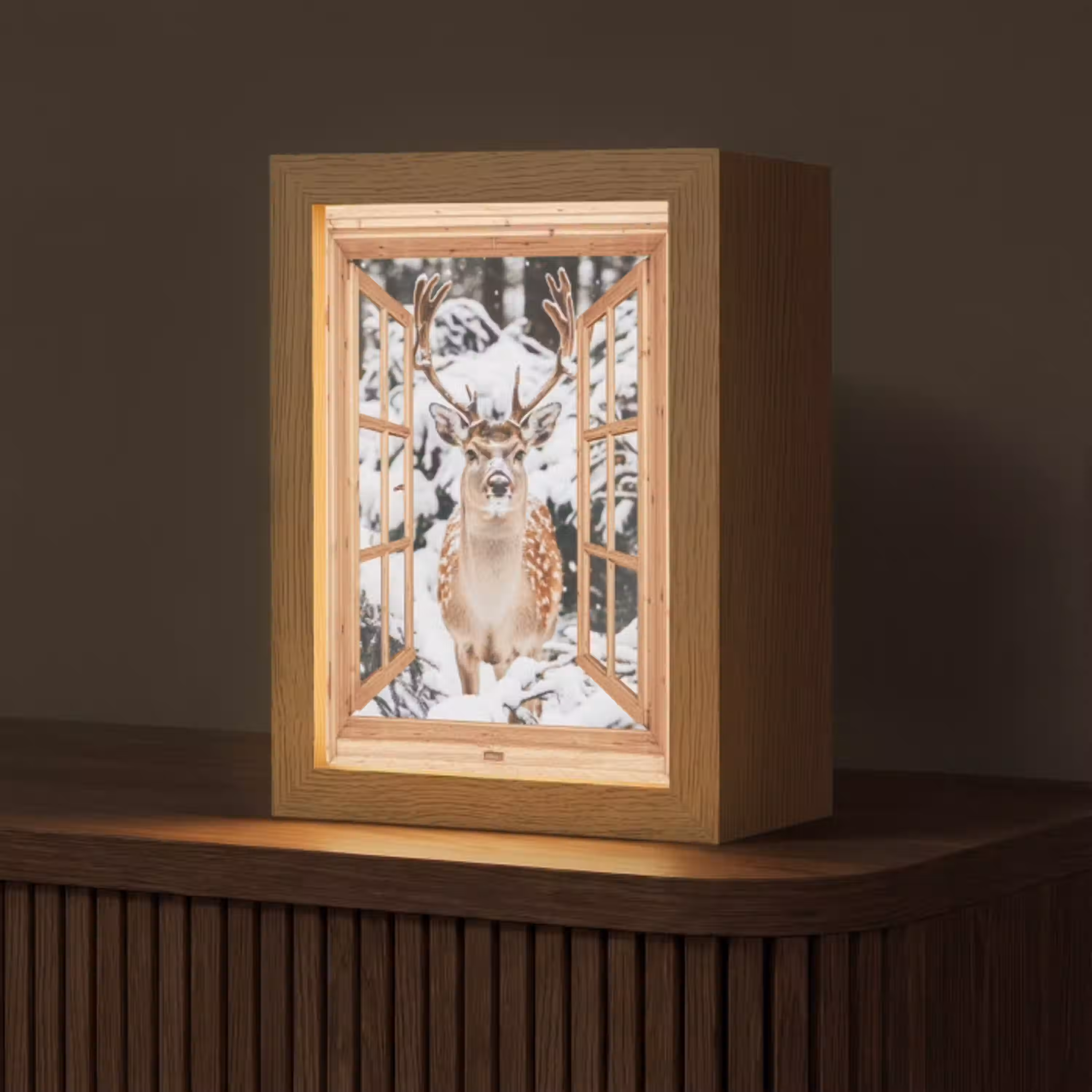 Doorkijk - Hert - Sneeuw - Winter - Bos - Dieren Light Box met kabel (Tafellamp) klein -z3d_website