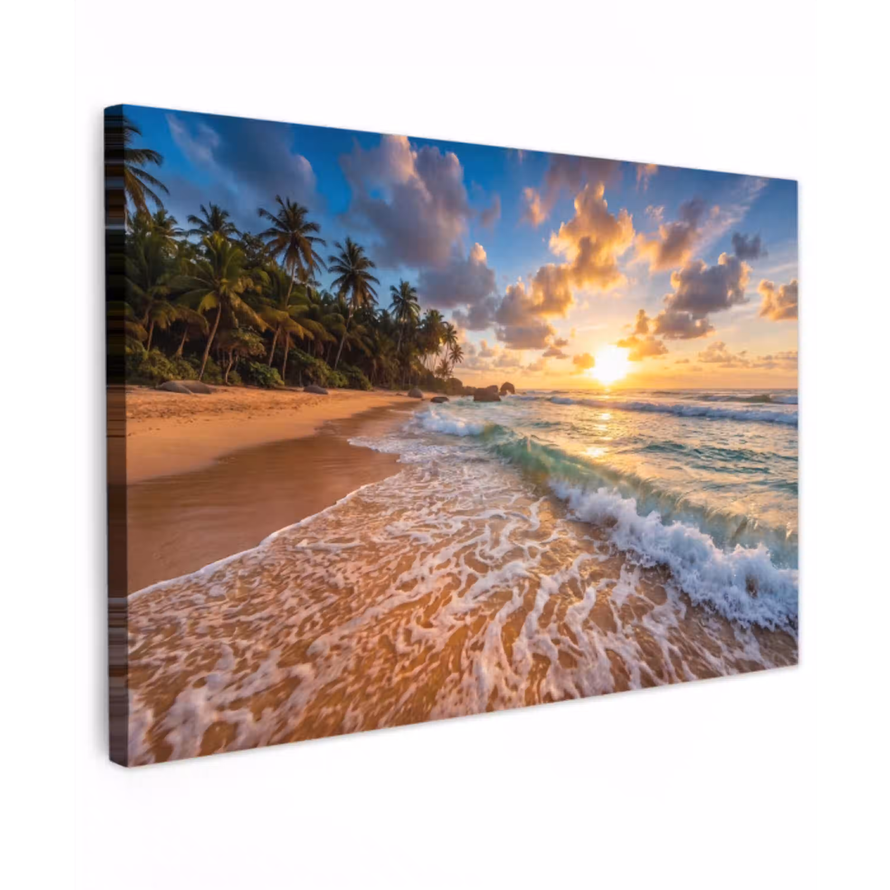 Strand - Zonsondergang - Golven - Natuur - Goud Tuinposter op houten frame 2 cm dik klein -3d