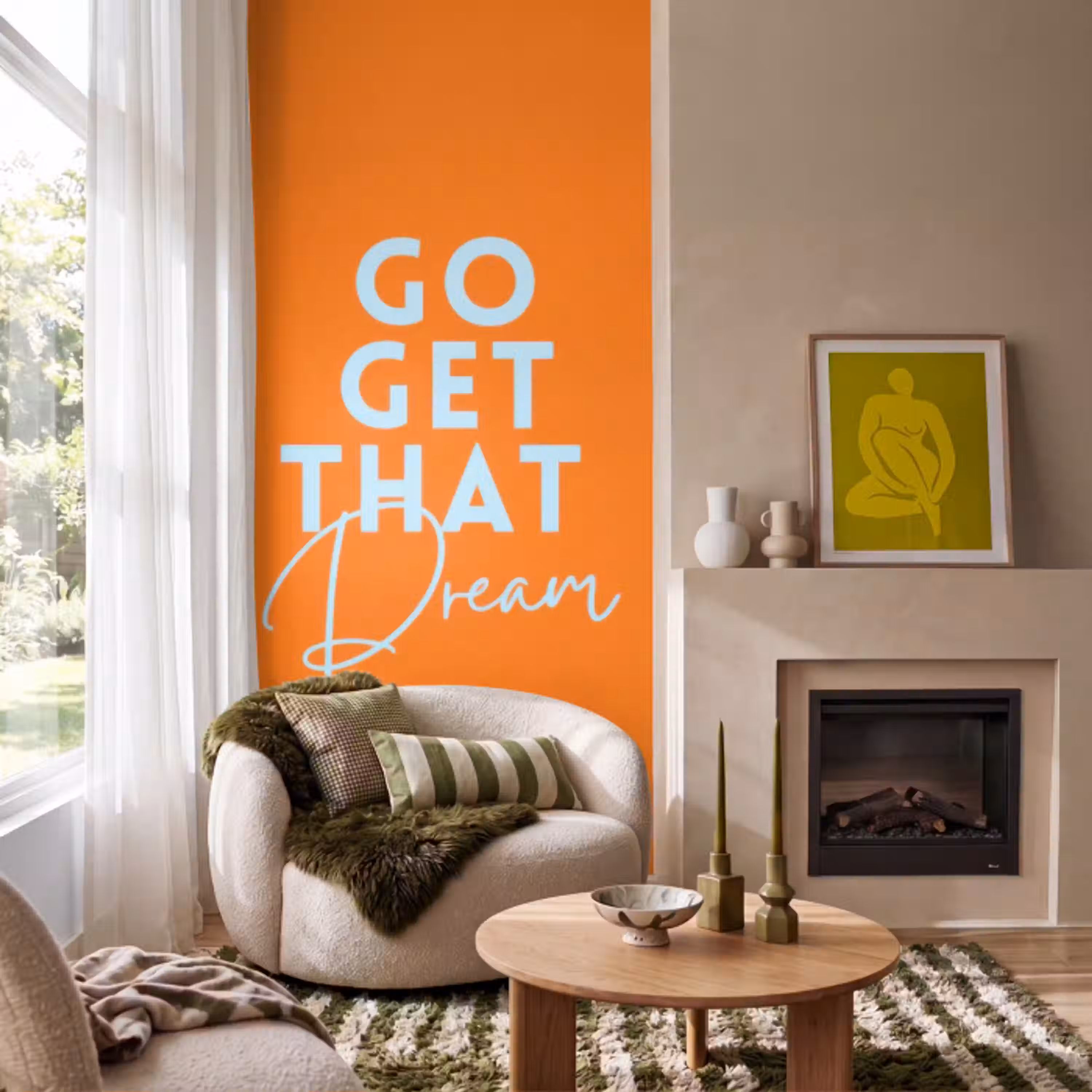 Oranje - Blauw - Go get that dream Behang Vlies klein -sfeer2