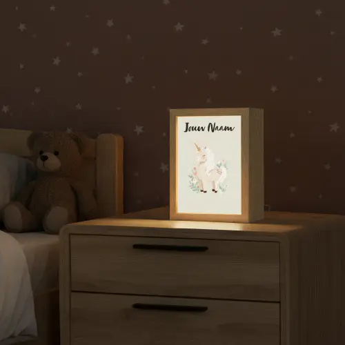 Beige - Eenhoorn - Minimalistisch - Bloemen Light Box met kabel (Kinderlampje) klein -sfeer1_kind