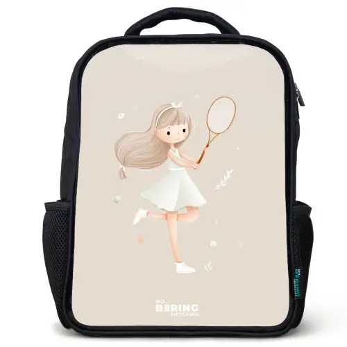 Meisje speelt tennis in beige kleuren Rugzak - Zwart middel -3d