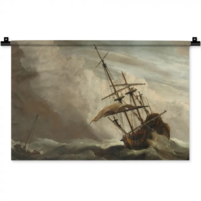 Een schip in volle zee bij vliegende storm - Schilderij van Willem van de Velde Wandkleed katoen klein -zz3d