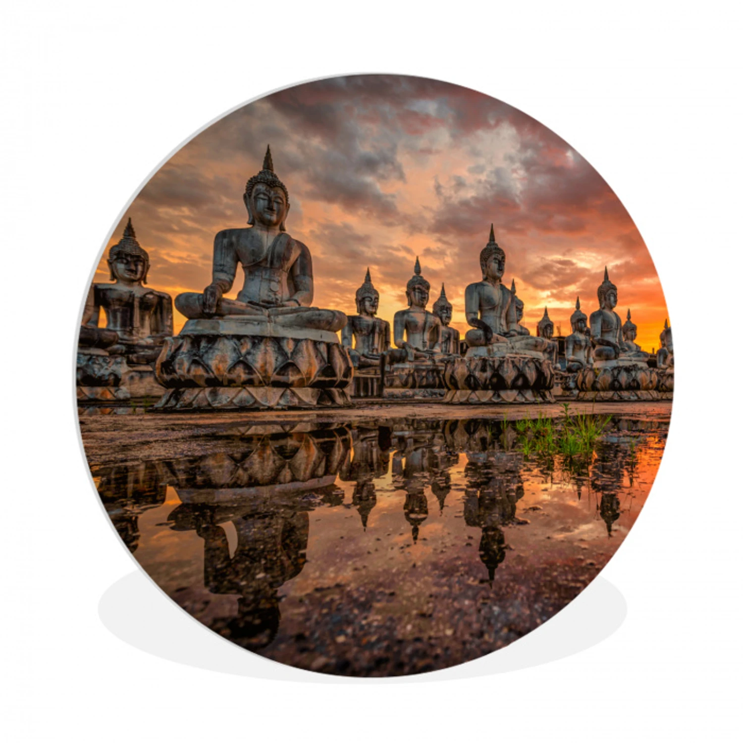 Boeddha beelden - Zonsondergang - Water - Boeddhisme Wandcirkel kunststof plaat 5mm dik klein -3d