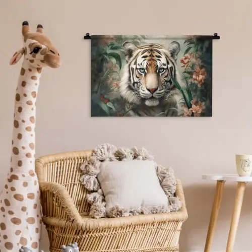 Tijger - Vlinders - Dieren - Jungle - Bloemen Wandkleed katoen klein -wsfeer5_kind