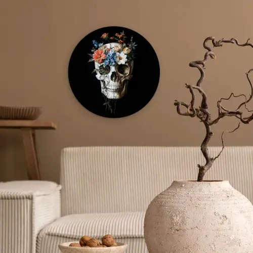 Bloemen - Schedel - Kleurrijk Wandcirkel kunststof plaat 5mm dik klein -sfeer1