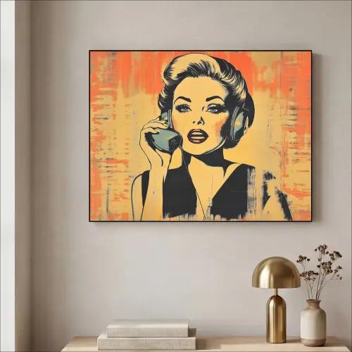 Retro - Vrouw - Koptelefoon - Oranje Textielframe - compleet frame klein -sfeer2