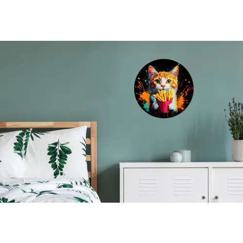 Kat - Eten - Patat - Graffiti - Abstract Wandcirkel aluminium klein -slaapkamer