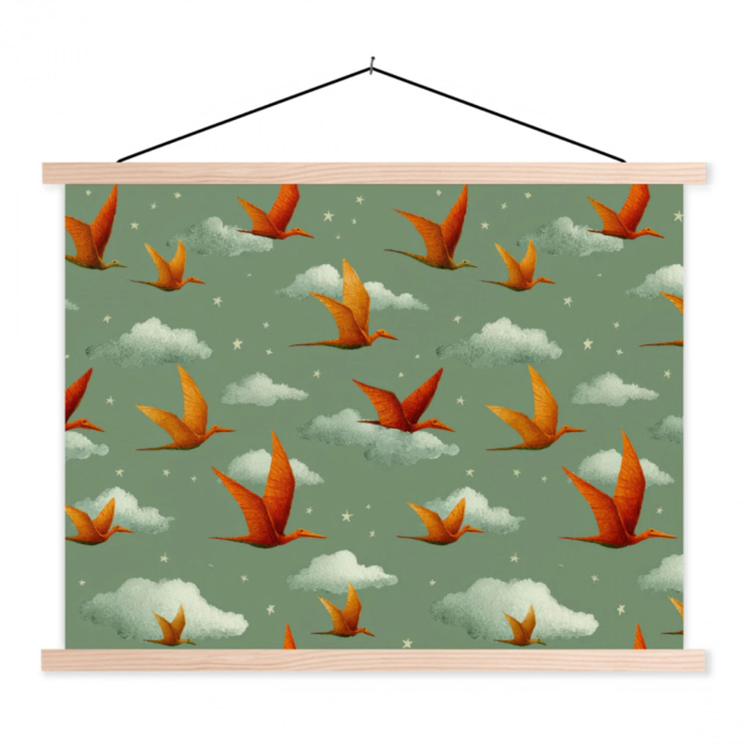 Dinosaurussen - Wolken - Sterren - Oranje textielposter latten blank klein -3d
