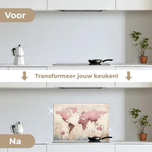 Wereldkaart - Roze - Bloemen keuken achterwand spatscherm klein -voor_na_NL