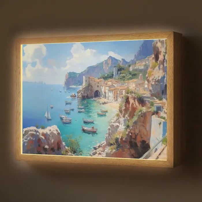 Kustdorp - Schilderij - Rotsen - Boten Light Box met batterij (Wandlamp) middel -z3d_website