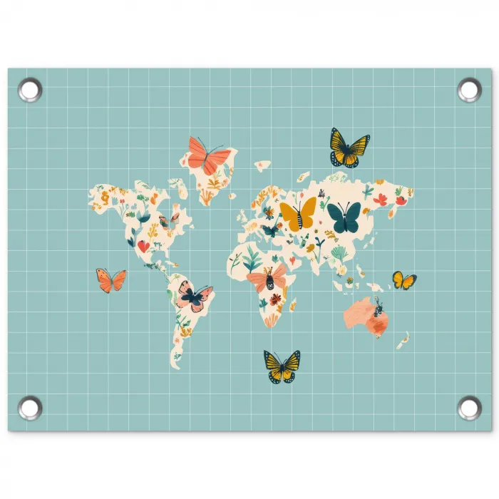 Wereldkaart - Vlinders - Dromerig tuinposter los doek klein -3d