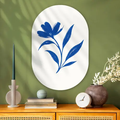 Bloem - Blaadjes - Minimalistisch - Blauw Wandcirkel Ovaal Glas middel -sfeer2