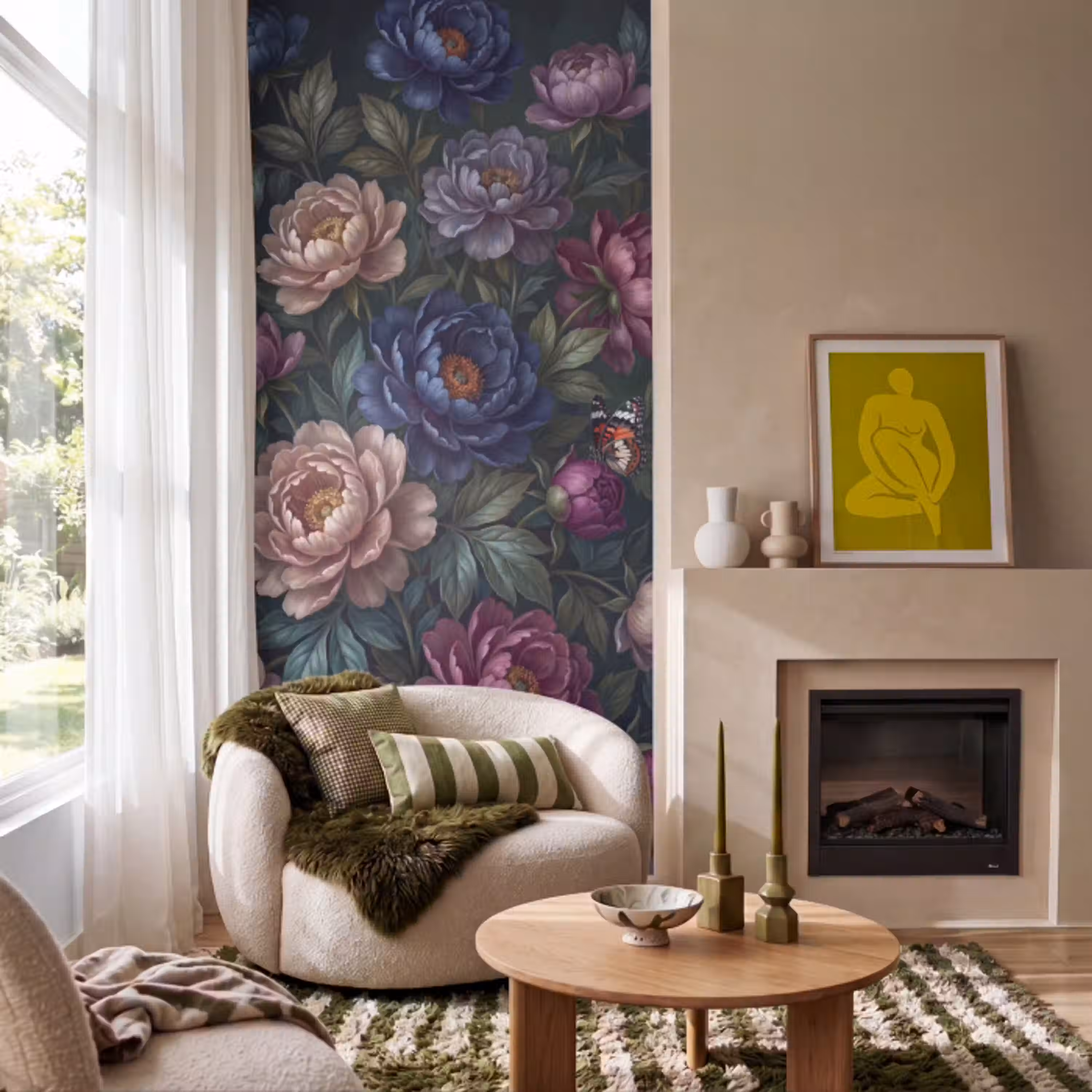 Bloemen - Vlinder - Natuur - Modern - Paars Behang Vlies klein -sfeer2