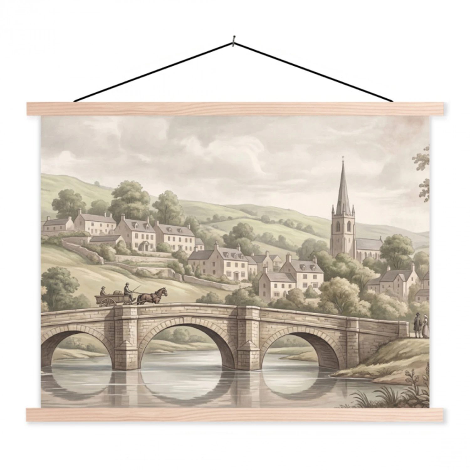 Dorp - Brug - Uitzicht - Groen textielposter latten blank klein -3d