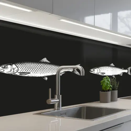 Vissen - Zwart - Wit keuken achterwand 2 middel -3d_schuin