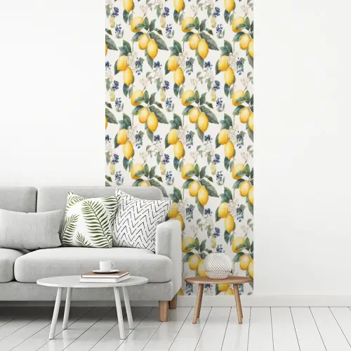 Frans - Citroen -  Citrus - Bloesem - Geel - Groen - Blauw fotobehang vinyl groot 64 -woonkamer