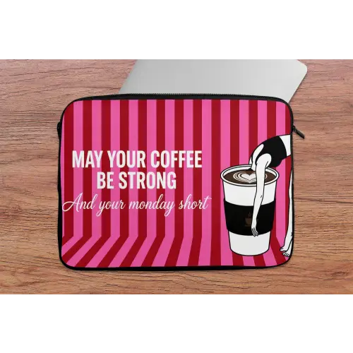 Roze - Strepen - Koffie - Maandag laptophoes neopreen klein -tafel