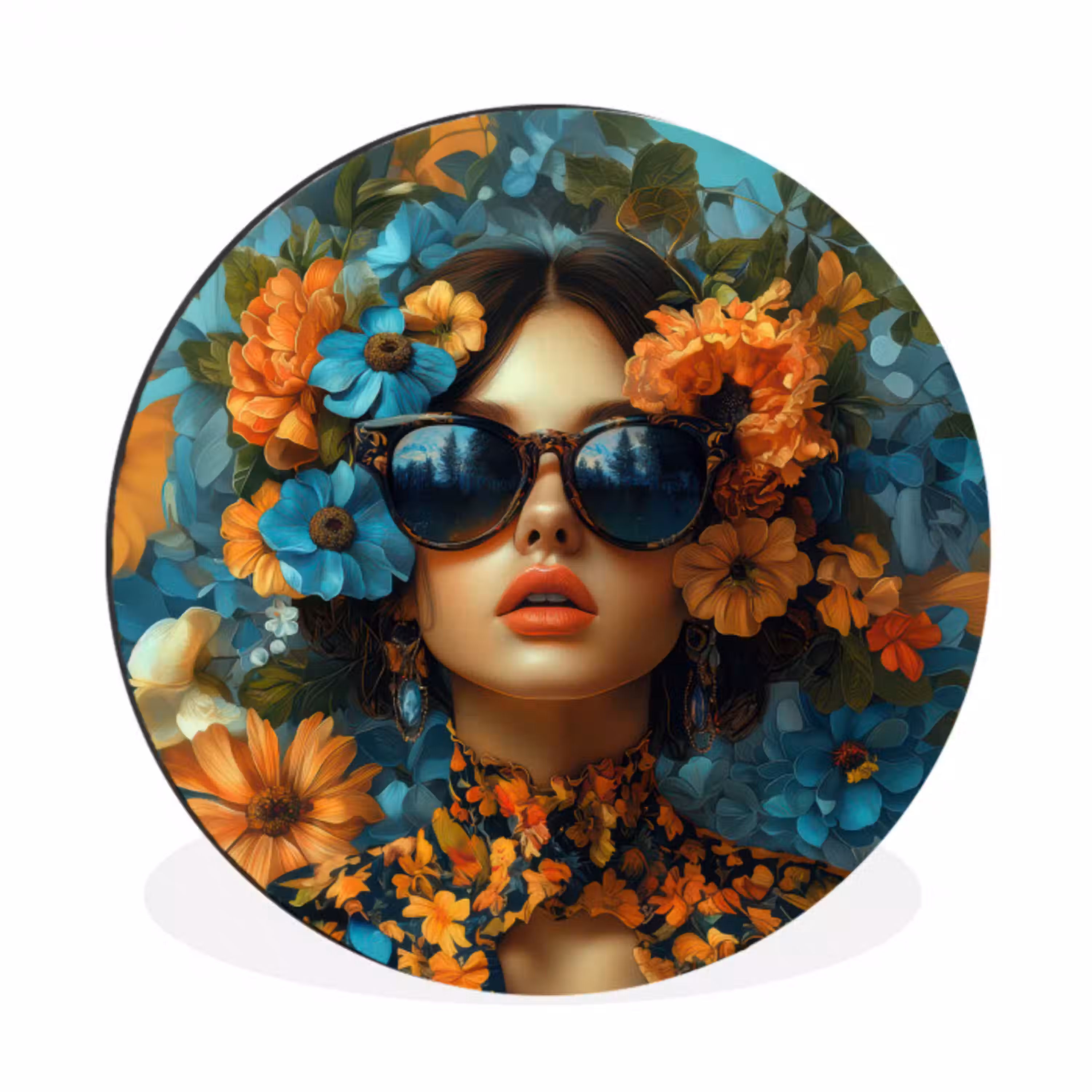 Vrouw - Bloemen - Oranje - Blauw - Modern Wandcirkel aluminium klein -3d