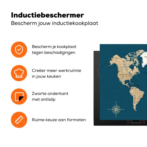 Wereldkaart - Donkerblauw - Beige Inductie beschermer vinyl 3mm klein -zzzzzzz-td-ups