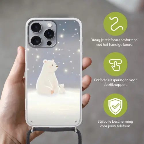 Ijsbeer - Sneeuw - Sterren - Blauw Hoesje iPhone 16 Pro Max met koord klein -sfeer2_NL