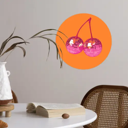 Discoballen - Kers - Spiegels - Roze Wandcirkel behangsticker klein -sfeer3