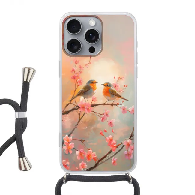 Telefoonhoesje met koord - Roodborstjes - Sierlijk - Bloesemtak