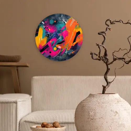 Abstract - Graffiti - Kleurrijk - Verfspatten Wandcirkel kunststof plaat 5mm dik klein -sfeer1