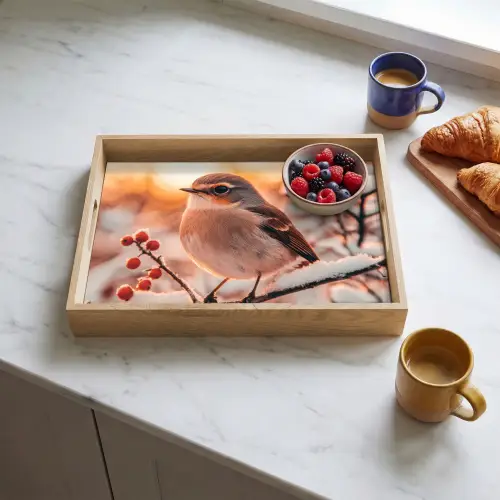 Vogel - Tak - Winter - Dieren - Sneeuw Dienblad Rechthoek middel -sfeer2