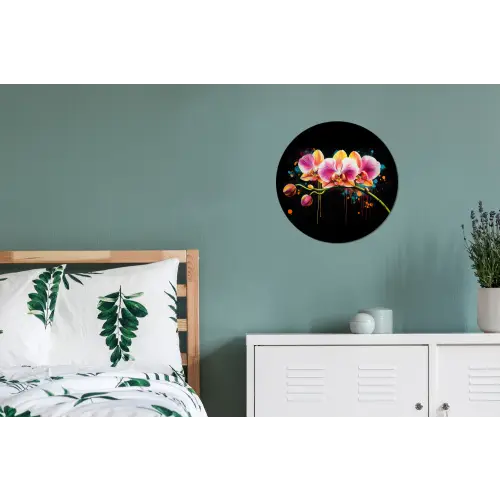 Orchidee - Graffiti - Kleurrijk - Bloemen - Abstract Wandcirkel aluminium klein -slaapkamer