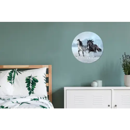 Paarden - Winter - Dieren - Natuur - Sneeuw Wandcirkel aluminium klein -slaapkamer