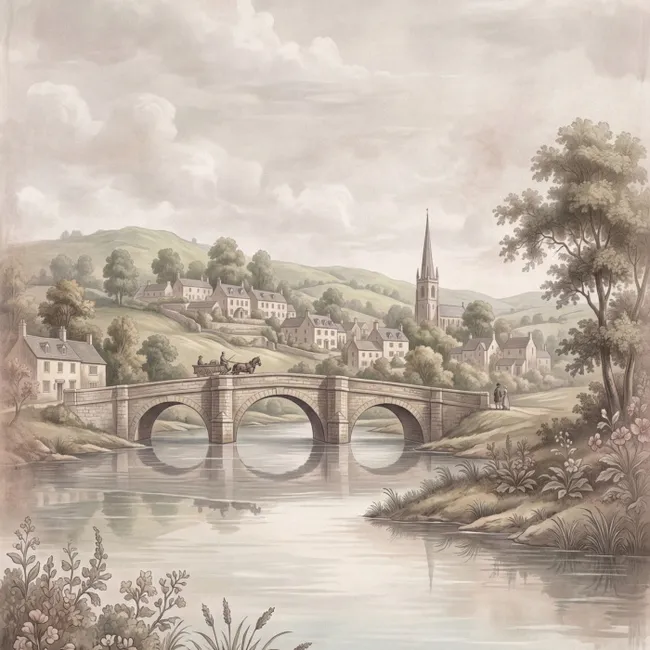 Behang - Dorp - Brug - Uitzicht - Groen
