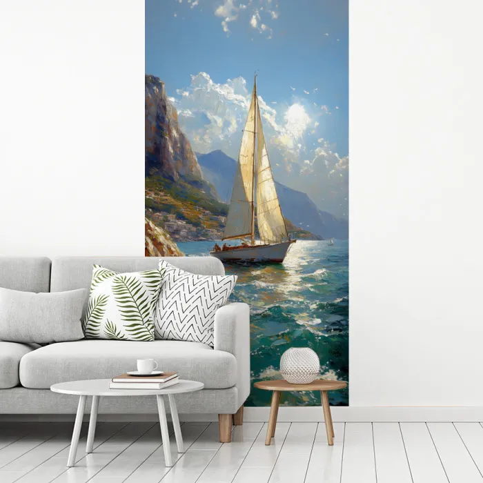 Zeilschip - Zee - Rotsen - Wolken fotobehang vinyl groot -woonkamer