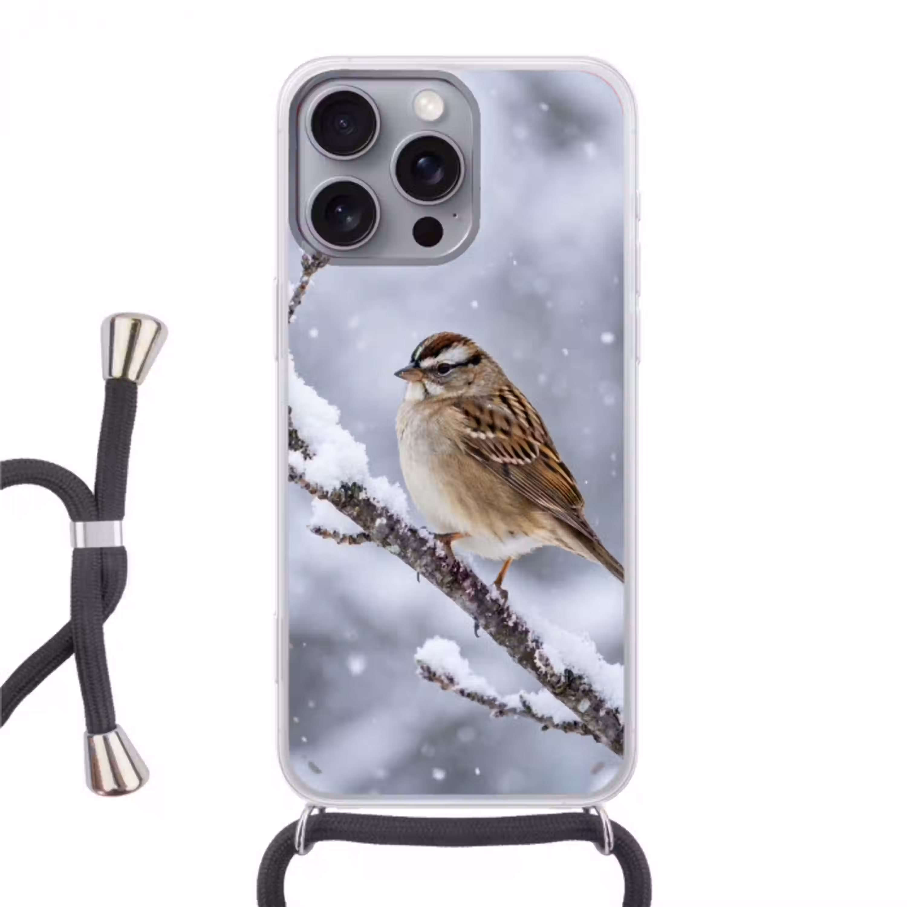 Vogel - Tak - Sneeuw - Winter Hoesje iPhone 16 Pro Max met koord klein -3d