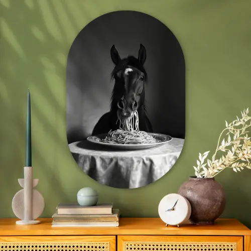 Paard - Bord - Pasta - Tafelkleed - Zwart Wit - Dieren Wandcirkel Ovaal Glas middel -sfeer2