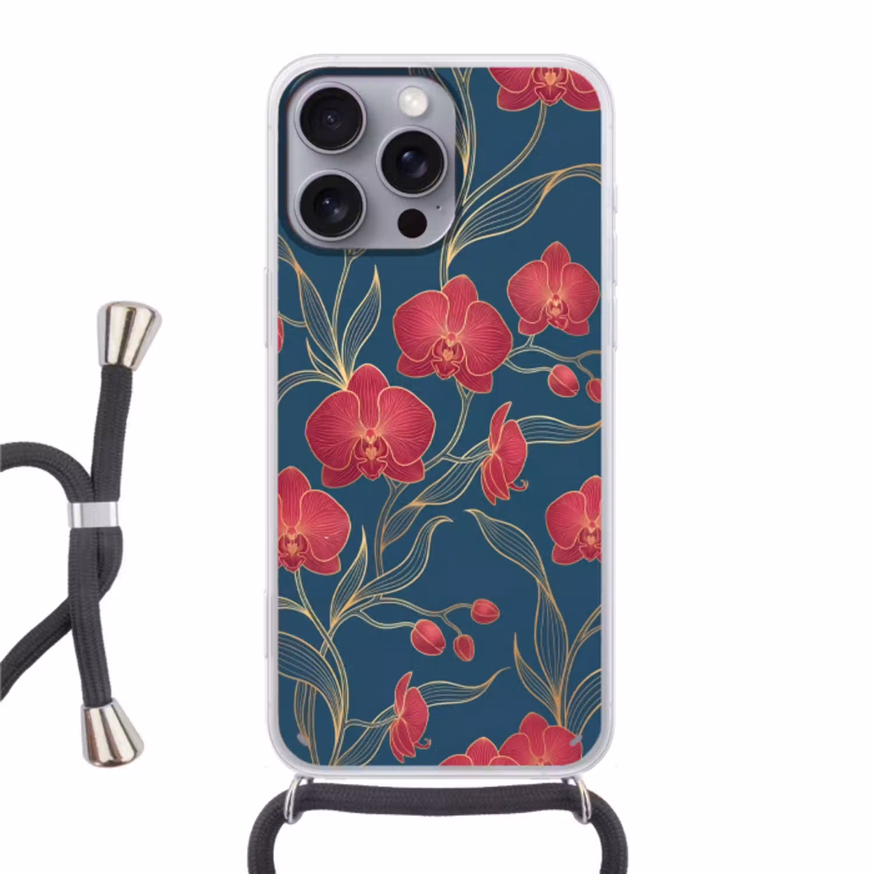 Bloemen - Rood - Goud Hoesje iPhone 16 Pro Max met koord klein -3d