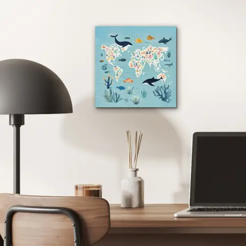 Wereldkaart - Zeeleven - Blauw aluminium wit klein -sfeer5