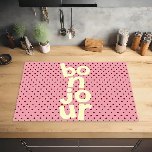 Bonjour - Stippen - Roze- Geel Inductie beschermer vinyl 3mm klein -sfeer5
