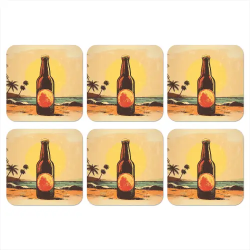 Bierfles - Zonsondergang - Palmbomen - Zee onderzetter kurk middel -3d
