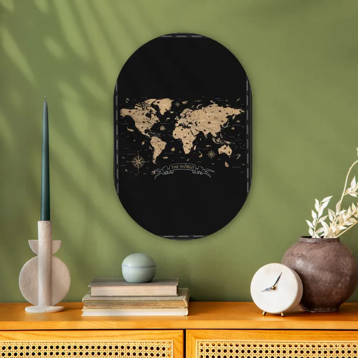 Wereldkaart - Beige - Zwart Wandcirkel Ovaal Forex klein -sfeer2