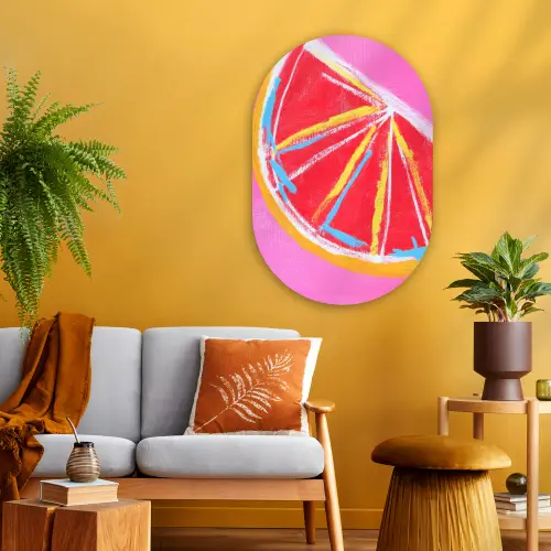 Grapefruit - Geschilderd - Roze - Strepen Wandcirkel Ovaal Glas middel -sfeer4