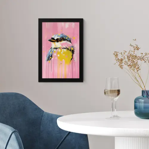 Vogel - Roze - Geel - Blauw fotolijst zwart zonder passe partout klein -sfeer4