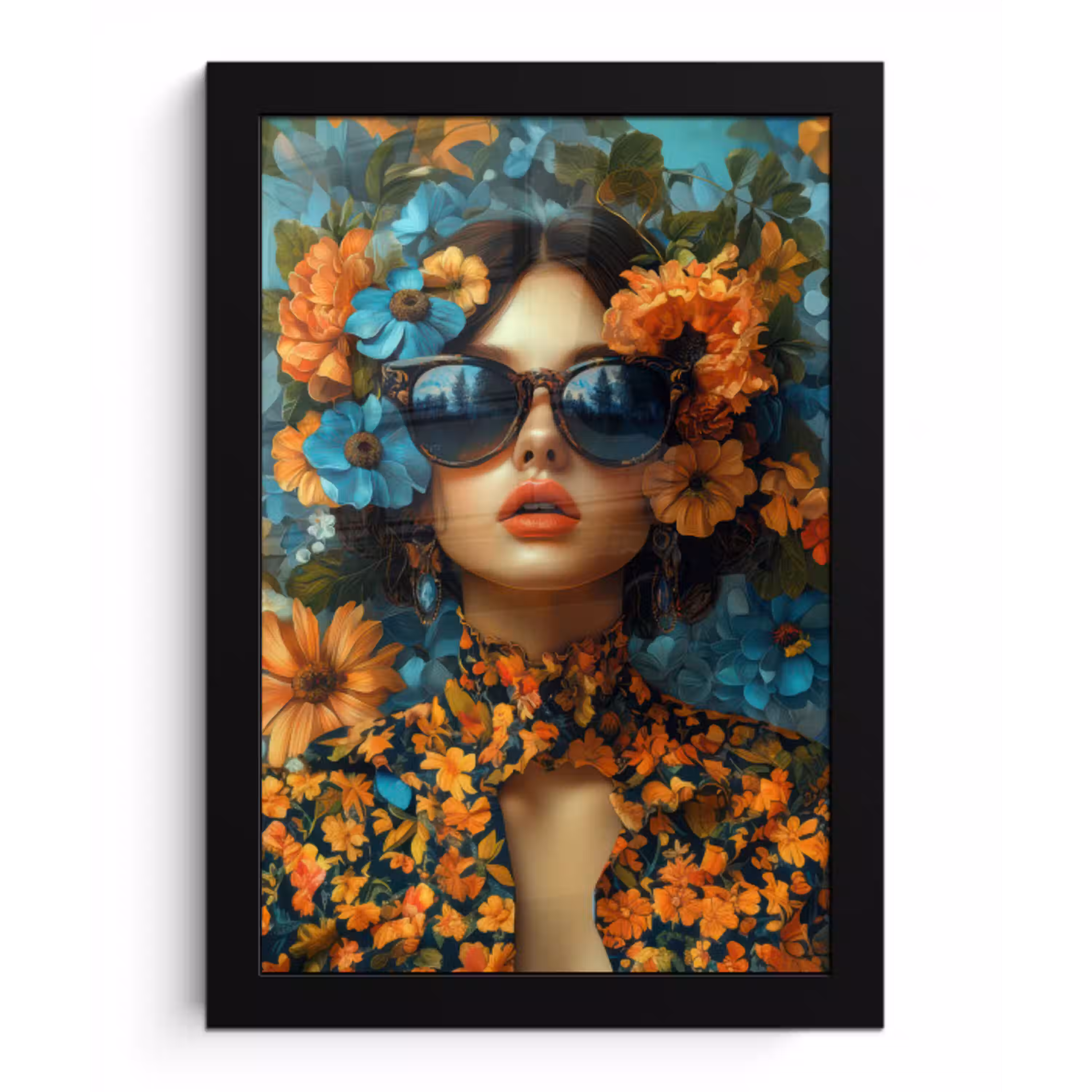 Vrouw - Bloemen - Oranje - Blauw - Modern fotolijst zwart zonder passe partout klein -3d