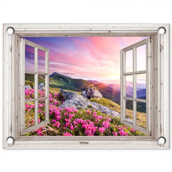 Bergen - Landschap - Doorkijk - Bloemen - Avond - Roze tuinposter los doek klein -3d