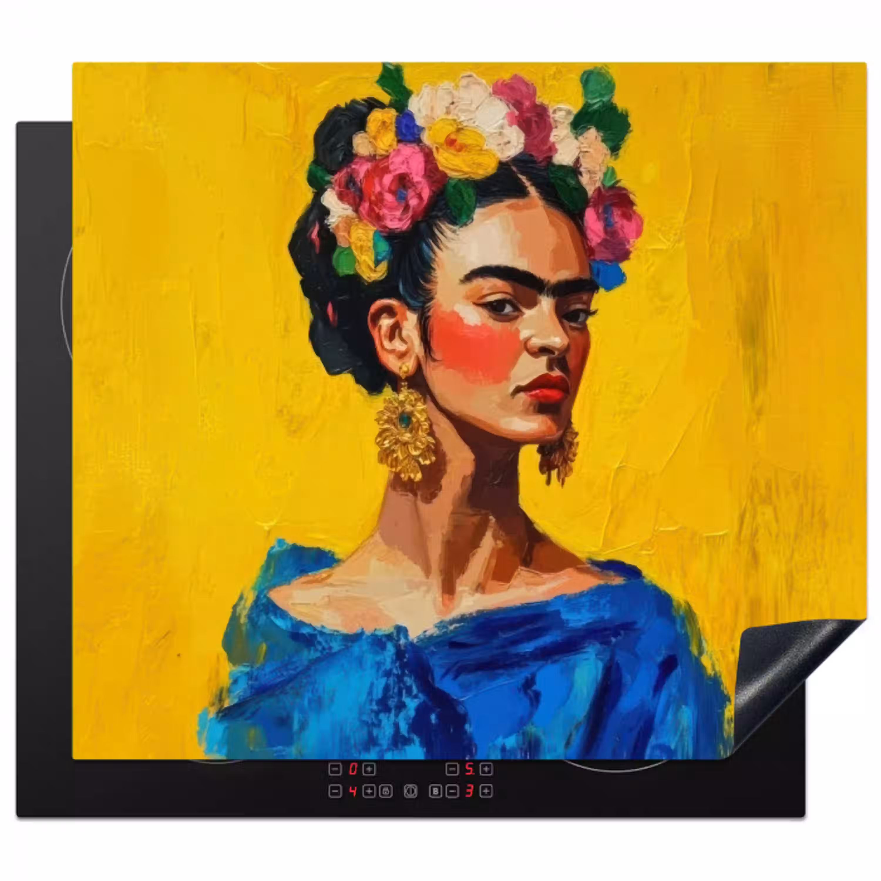 Frida Kahlo - Vrouw - Geel - Blauw - Bloemen Inductie beschermer vinyl 3mm middel -3d