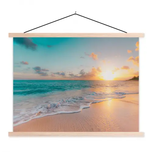 Zonsondergang - Strand - Zee - Zomer - Blauw textielposter latten blank klein -3d