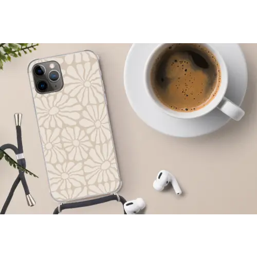 Bloemen - Print - Beige - Bruin - Minimalistisch Hoesje iPhone 12 Pro met koord klein -oordop