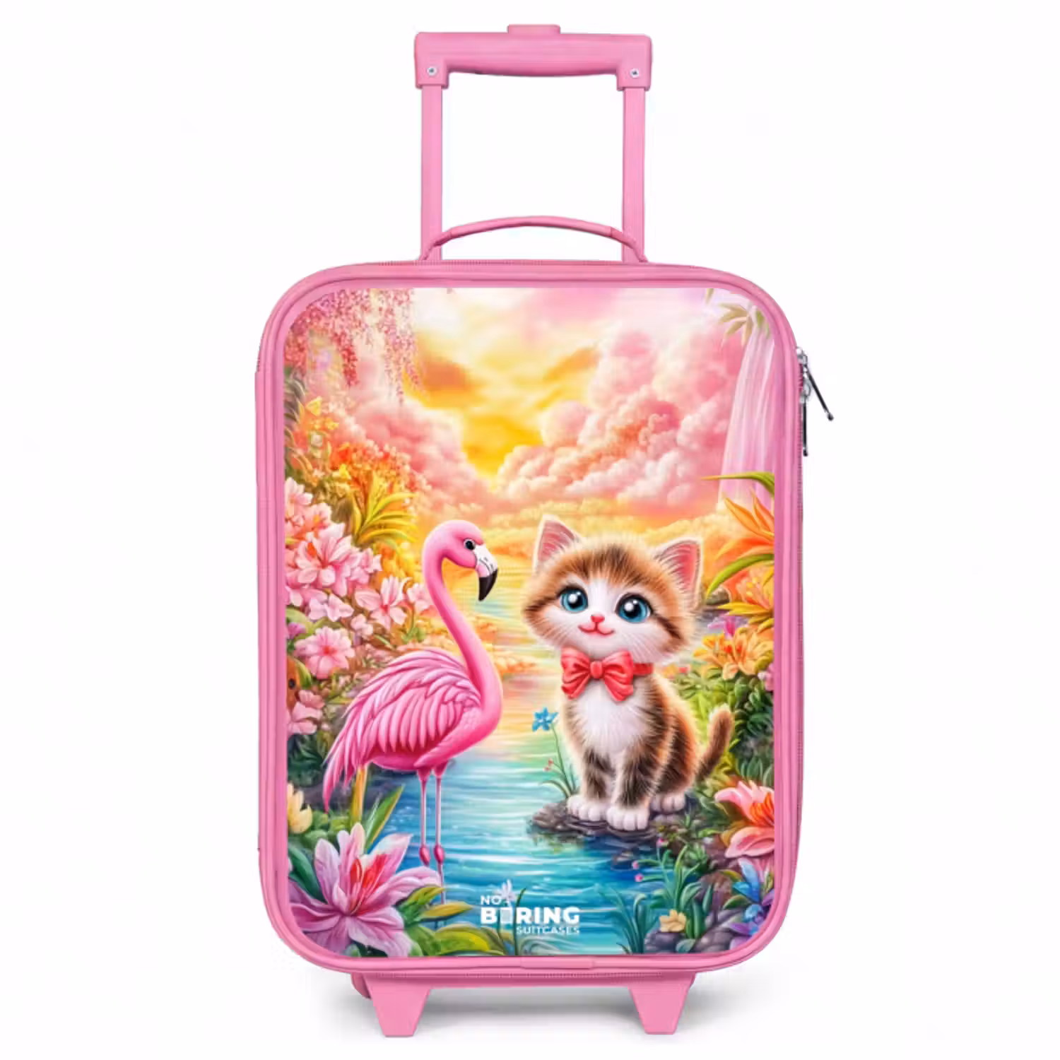 Kinderkoffer - Roze - Kitten met flamingo in tropisch bloemenparadijs