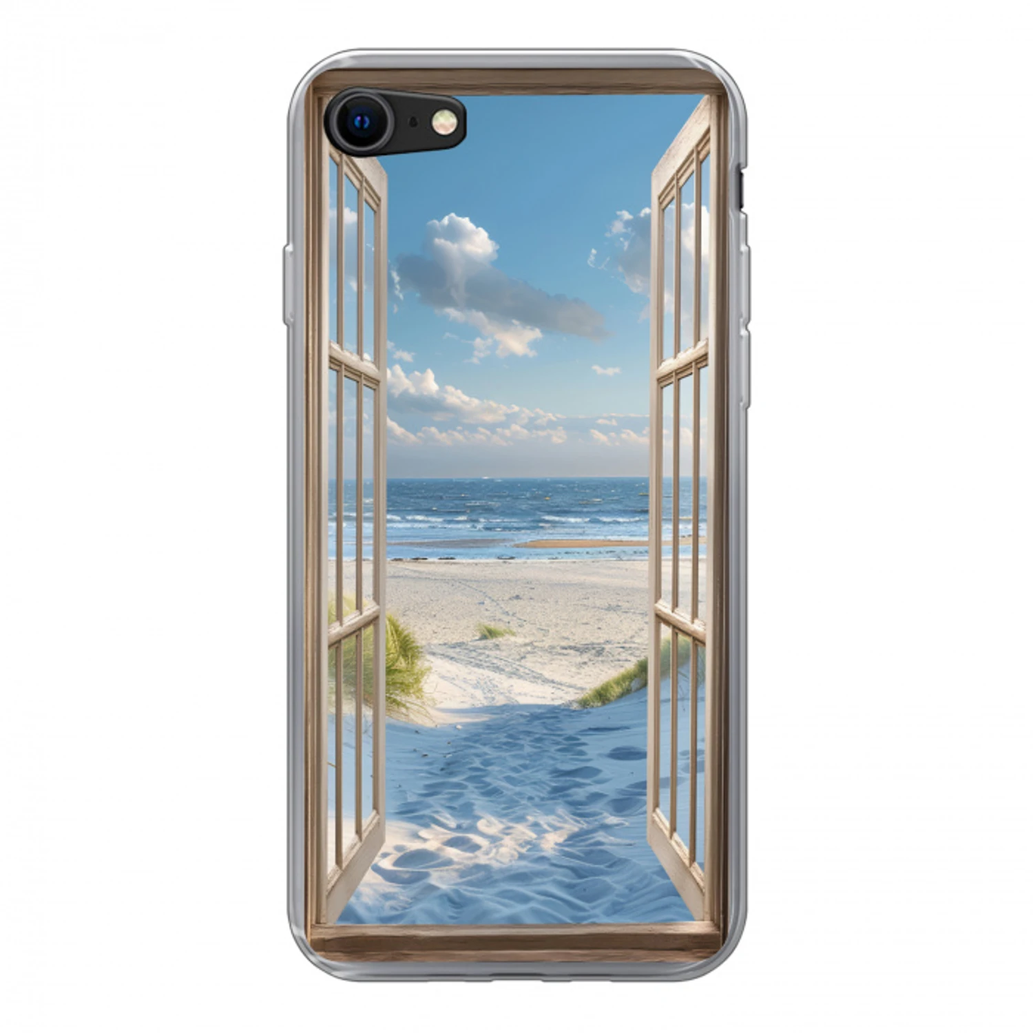 Doorkijk - Strand - Raam - Duinen - Zee Telefoonhoesje iPhone 7 klein -3d